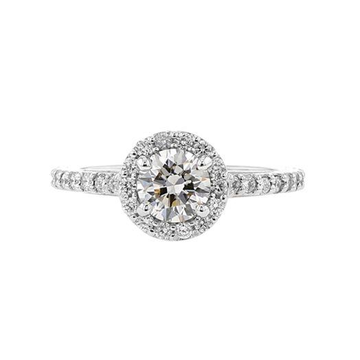 white gold ring with round-cut diamond center stone accented with diamond rounds