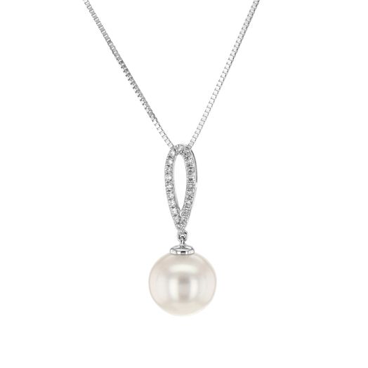 14K White Gold Freshwater Cultured Pearl and Diamond Accented Pendant Necklace, Twt .05