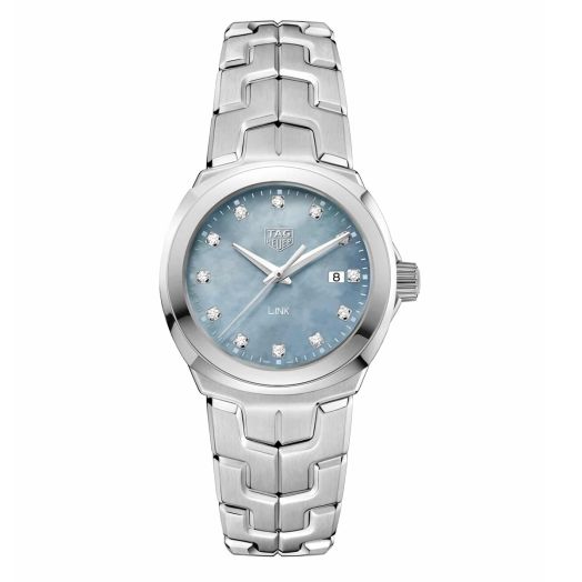 watched with steel linked bracelet blue mother of pearl dial and diamond accents