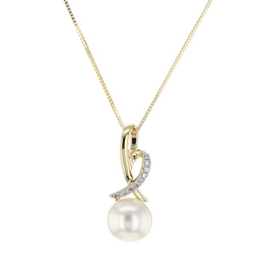 14K Yellow Gold Freshwater Cultured Pearl and Diamond Swirl Pendant Necklace, .02TDW