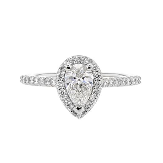 platinum engagement ring with pear-cut diamond center, diamond band and diamond halo