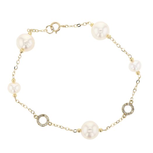 14K Yellow Gold Freshwater Cultured Pearl and Diamond Station Bracelet, Twt .05