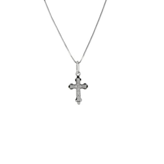14K White Gold Cross Pendant Necklace with Diamond Accents,TWT.03