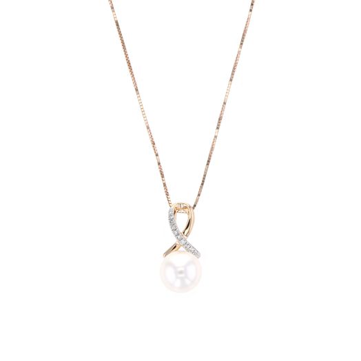 14K Rose Gold Freshwater Cultured Pearl and Diamond Accented Ribbon Twist Pendant Necklace, TWT.03