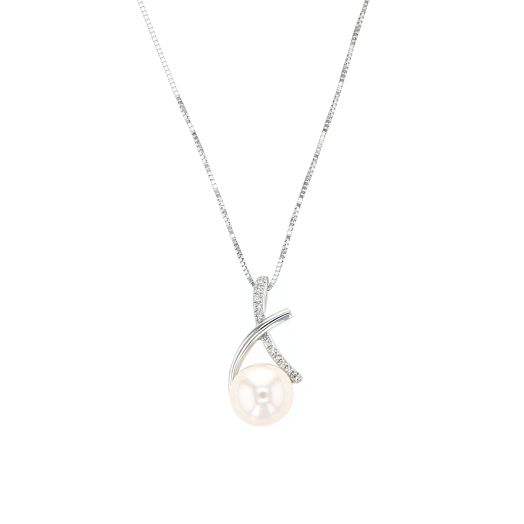 14K White Gold Freshwater Cultured Pearl, Diamond "X", Pendant Necklace, TWT.03