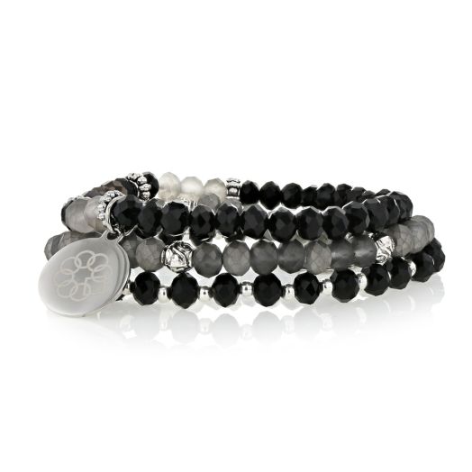 EMBRACE THE DIFFERENCE® Bracelet Set - Silver and Black, Silver and Grey and Black Glass Beaded Stretch Bracelets