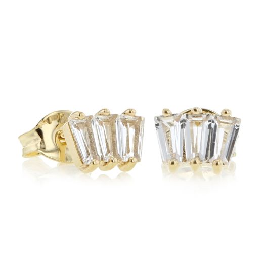 Little Luxuries 14K Yellow Gold Three Stone White Topaz Stud Earrings