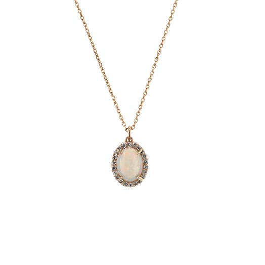 14K Rose Gold Opal Pendant Necklace with Petite Halo, TDW.13