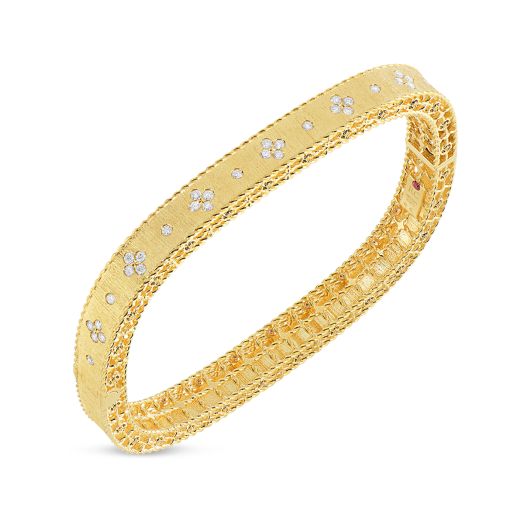 Roberto Coin Princess 18K Yellow Gold Satin Finish Slim Bangle with Fleur De Lis Diamonds