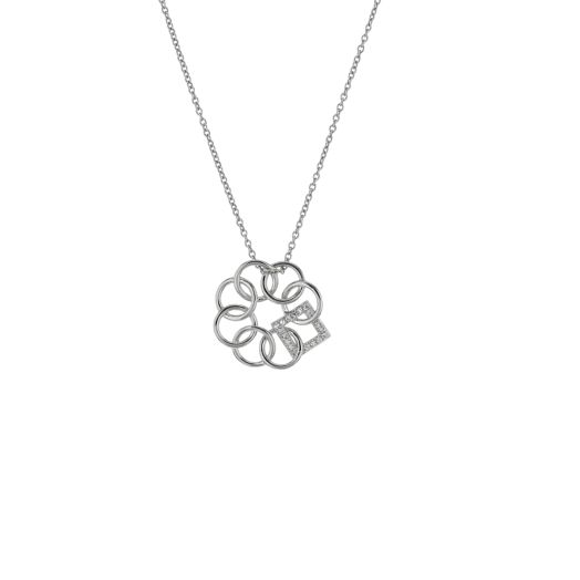 silver necklace with interlocking circles and one diamond accented square