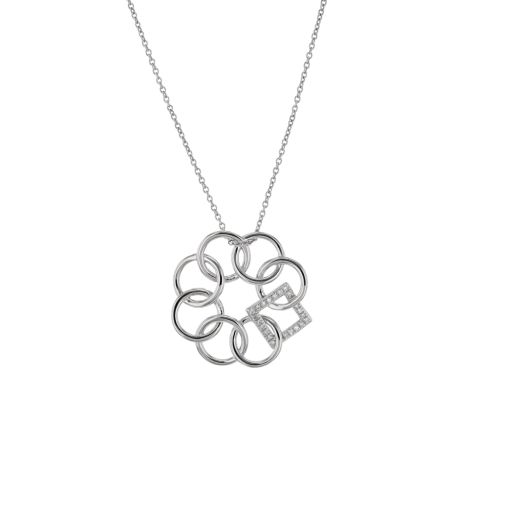 sterling silver necklace with pendant of small cirlces intertwined with diamond accented square