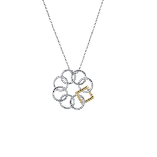 white gold necklace with round circles and gold square intertwined