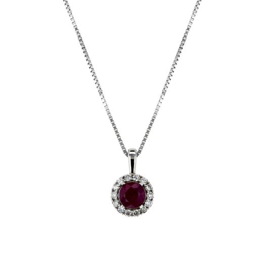 Ruby and diamond halo pendant necklace