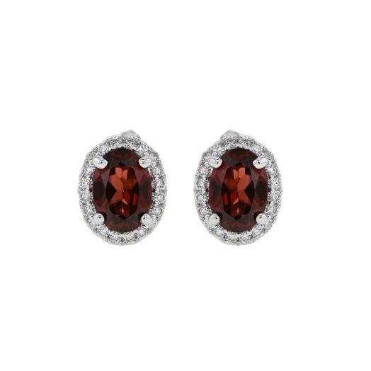14K White Gold Oval-Cut Garnet and Diamond Halo Stud Earrings