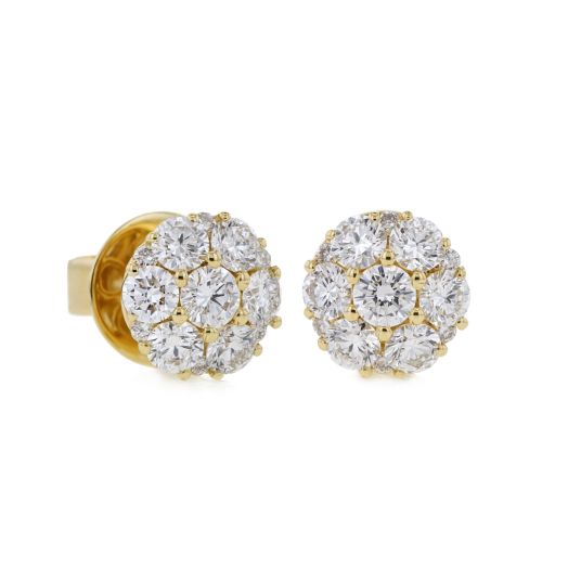yellow gold stud earrings with clusters of diamond rounds
