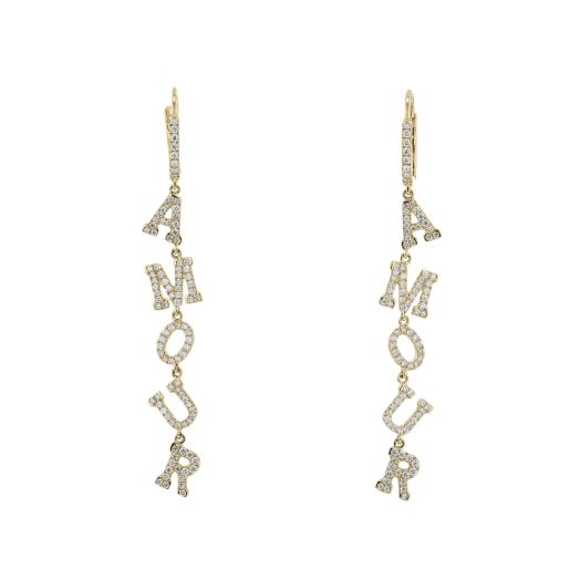 Gold dangle "Amour" diamond earrings