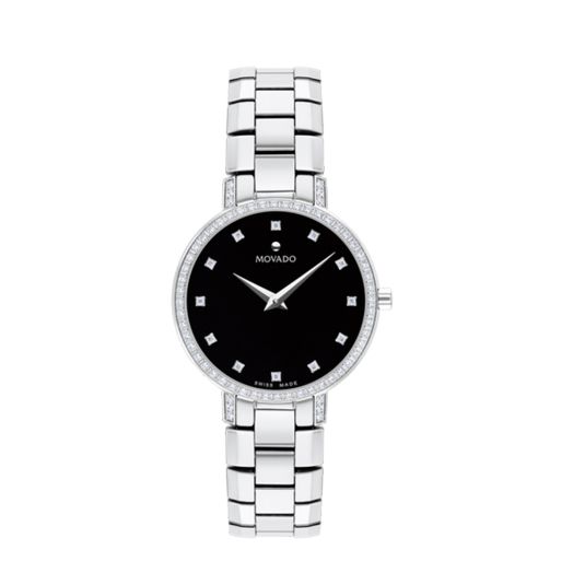 Womens Movado watch with a black dial and diamond markers