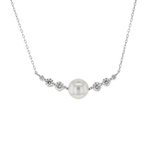 Curved diamond bar necklace with an Akoya Pearl