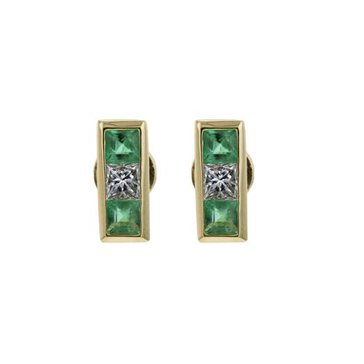 Emerald green and diamond bar stud earrings
