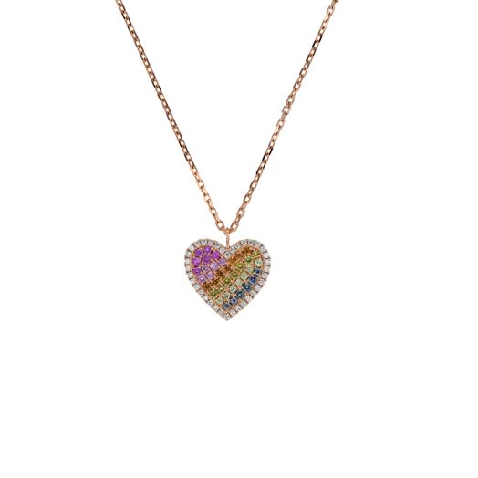 14K Rose Gold Multi-Color Sapphire and Diamond Pendant Necklace, TDW.18