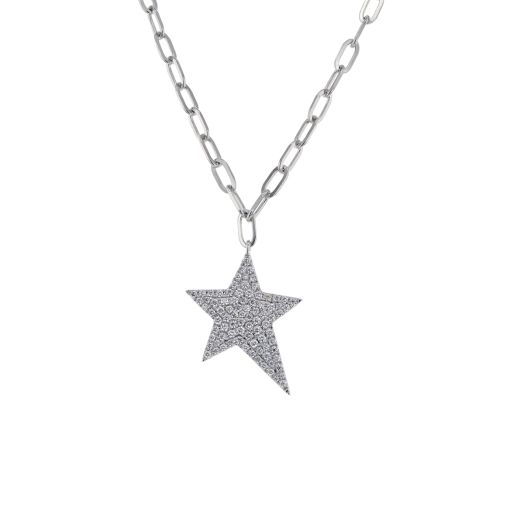14K White Gold Paperclip Necklace with Diamond Star Pendant, TDW.54
