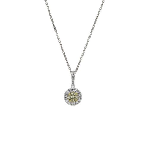 14K Gold Fancy Yellow Diamond Pendant Necklace with White Diamond Halo