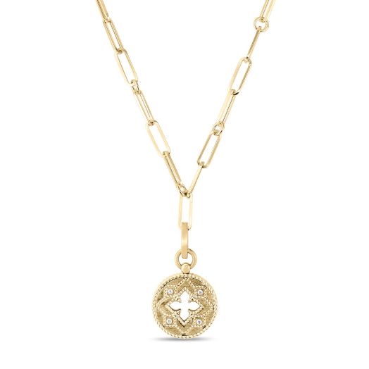 yellow gold paperclip necklace with medallion accented with diamonds