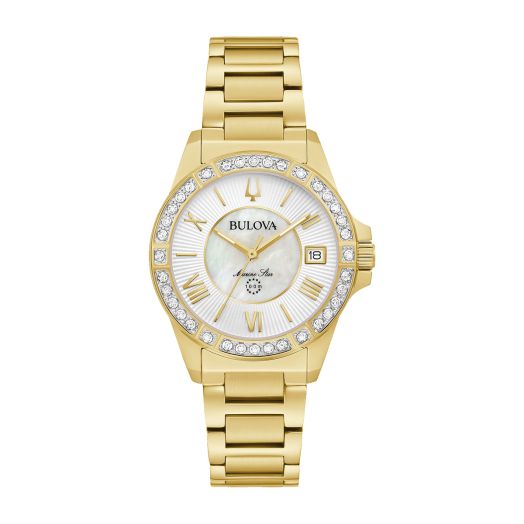 Gold-tone Bulova watch with a mother of pearl dial