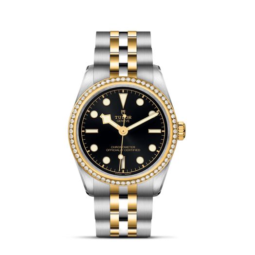 Tudor Black Bay watch with a black dial and steel and gold bracelet