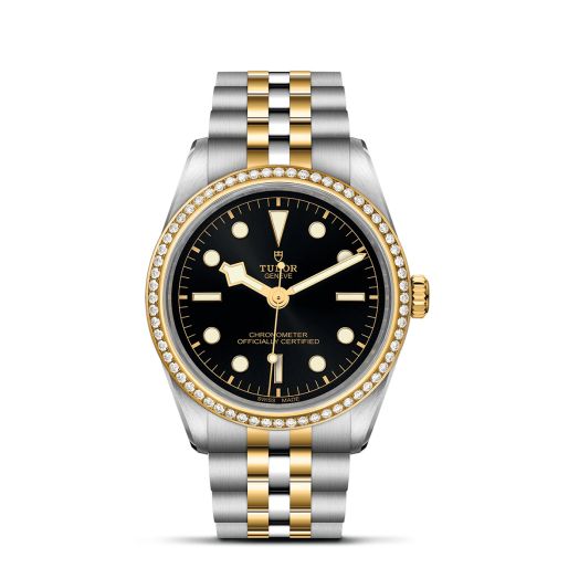 Tudor Black Bay watch with black dial and steel/gold bracelet