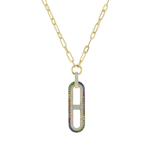 Paperclip pendant necklace with sapphires and diamonds