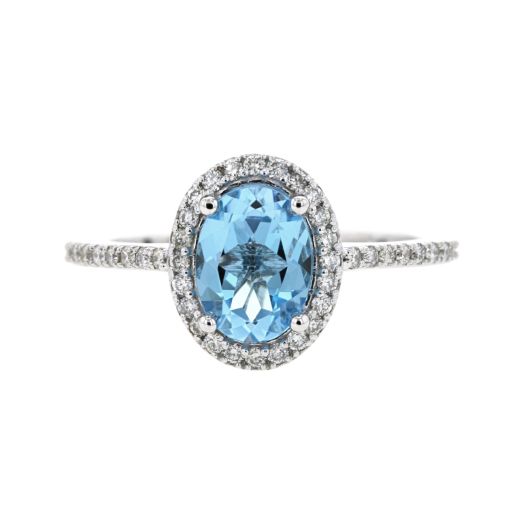 Blue topaz with diamond halo ring