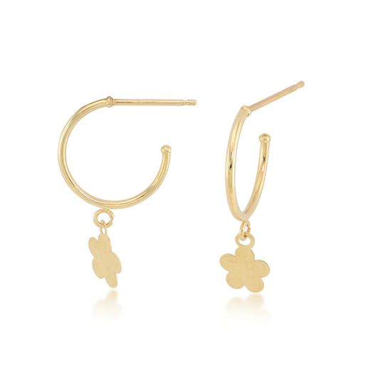 Yellow gold hoop earrings with dangling flowers