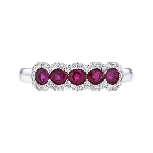 white gold band with five round-cut rubies accented with diamond halos