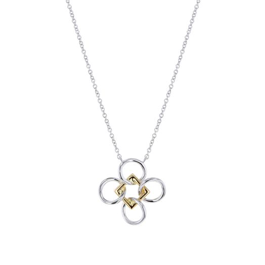 white gold necklace with pendant featuring white gold circles surrounding a yellow gold square