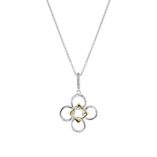 white gold circles around a yellow gold square suspended from diamond accented bale and white gold chain