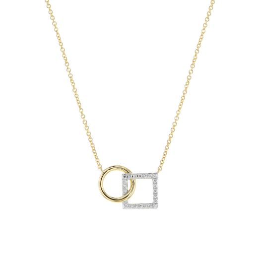 yellow gold necklace with interlocking circle and diamond accented square pendant