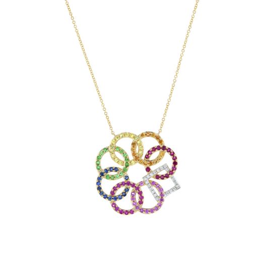 multi colored sapphires and diamonds in interlocking circle pattern suspended from a yellow gold chain