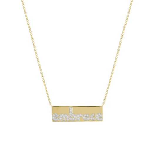 yellow gold bar necklace with diamond accented 'embrace'