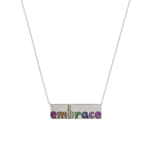 white gold necklace with bar accented with multi colored sapphire stones that spell out 'embrace'