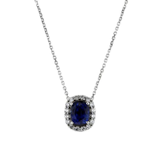 Blue sapphire diamond halo pendant necklace