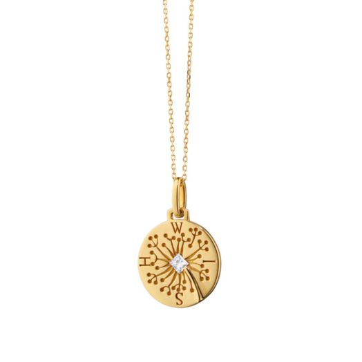 yellow gold necklace with diamond accents and a dandelion carving