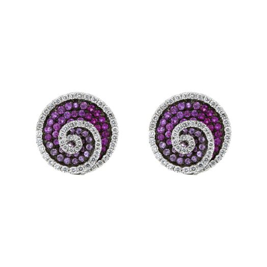 18K White Gold Ombre Pink Sapphire Earrings with Diamond Swirl, TDW 1.22