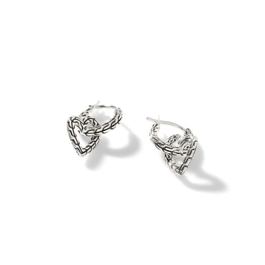 Small hoop earrings intertwined with heart shaped charms