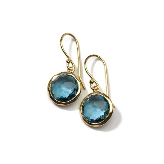 yellow gold dangle earrings with round cut blue topaz stones