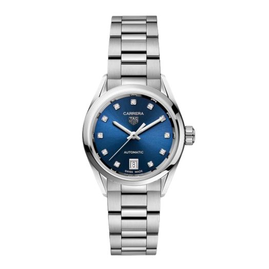steel watch with round case blue dial and diamonds