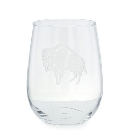 stemless wine glass with standing buffalo etching