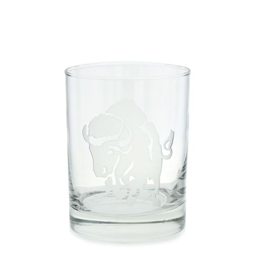 double shot glass with charging buffalo etching
