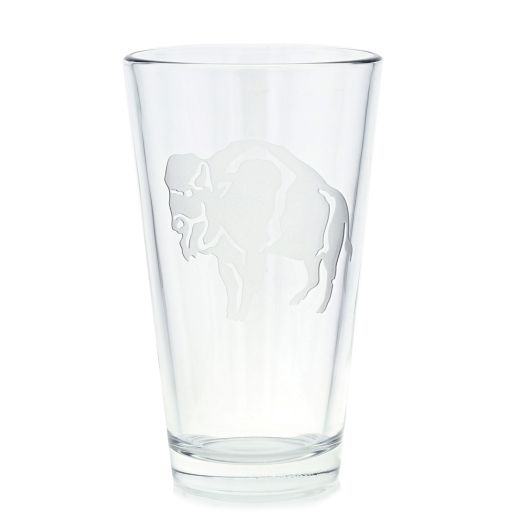 glass with standing buffalo etching