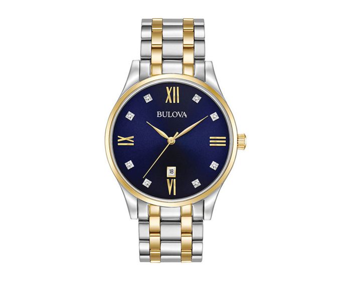 Bulova Men s 8 Diamond Blue Dial Watch Stainless Steel with Goldtone Accents 98D130